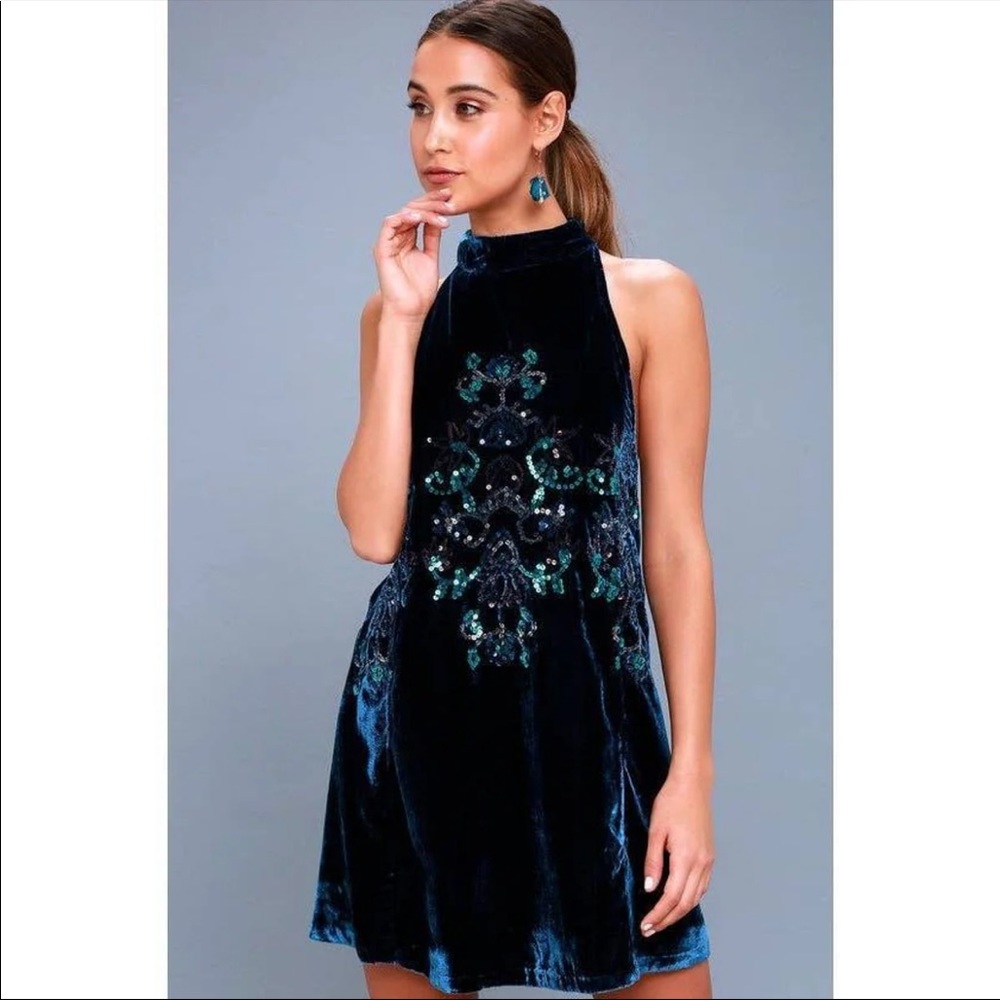 Free People "Jills" Sequined Blue Velvet Sleeveless Dress